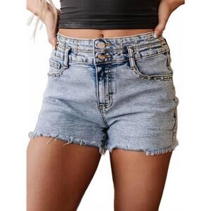 NEW THREADED PEAR rhinestone raw hem short in denim blue